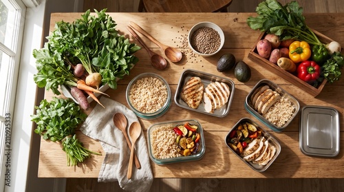 Fresh Ingredients for Healthy Meal Prep on Wooden Kitchen Table