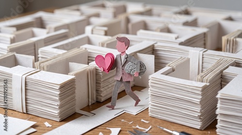 A creative depiction of a businessman navigating a paper maze with a heart, symbolizing love and challenges.