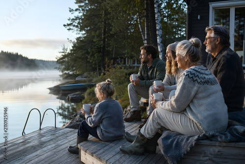 Multigenerational Family at a Finnish Lake Cabin