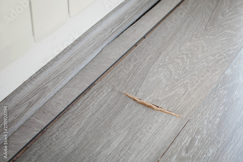 Canvastavla Damaged laminate floor with deep surface chip exposing core material near thresh