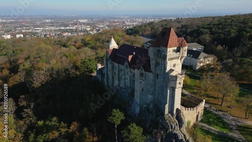 Gorgeous aerial view of Castle Liechtenstein, massive medieval castle on a cliff