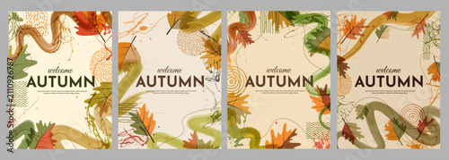 Vector illustration. Autumn background with paint splashes, oak leaves and hand drawn doodle elements. Trendy modern color design elements for poster, book or magazine cover, flyer. Grunge style