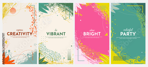 Vector illustration. Bright fresh vertical background. Paint brush strokes and hand drawn doodle elements. Trendy abstract color design for flyer, leaflet, coupon, voucher. Colorful summer style