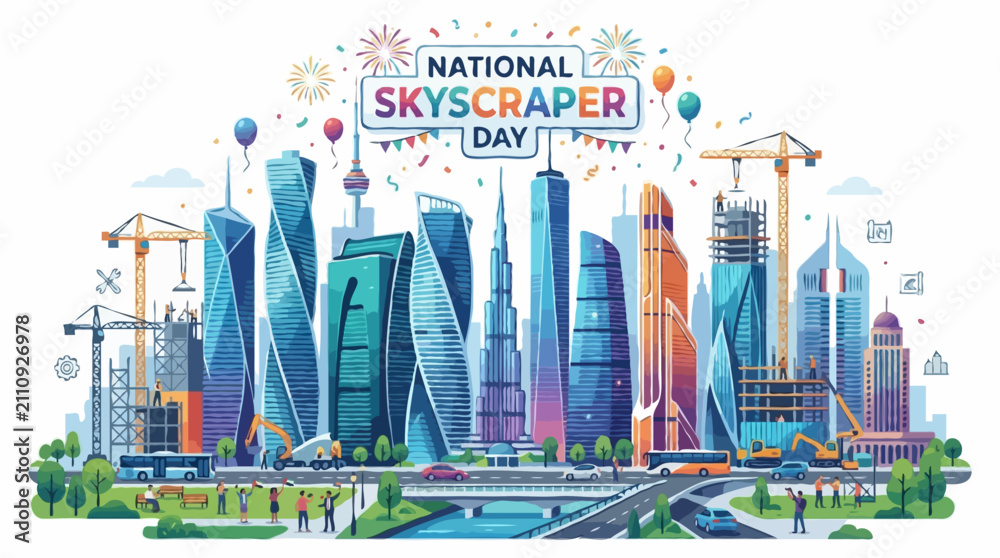 Fototapeta premium National Skyscraper Day celebration with a colorful illustration of a modern city skyline featuring various skyscrapers under construction and some already completed, accompanied by balloons.