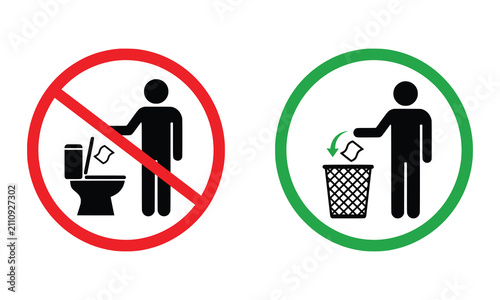 Prohibition and instruction signs for toilet etiquette, do not flush trash in toilet bowl icon, use waste bin for paper disposal vector set