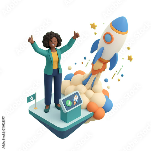 A woman enthusiastically gives a thumbs up as a cartoon-style rocket launches behind her, symbolizing a successful business startup and innovation.