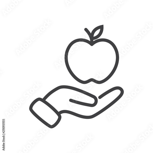Outline apple fruits on hand icon isolated.
