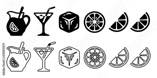 Refreshment and drink beverage icons. Vector set of lemon slices, ice cubes in glass jars and drink glasses with straws for food and drink menu, party and bar menu design, fresh summer drinks concept