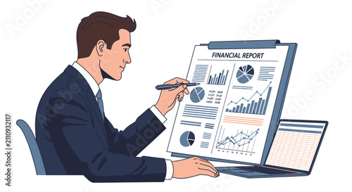 Man reviewing financial report charts and data on clipboard and laptop