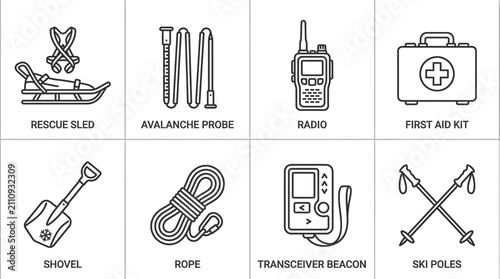 Mountain rescue equipment outline icons essential winter safety gear for emergency