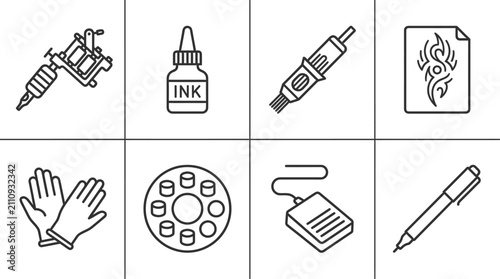 Set of outline tattoo equipment icons essential tools for a professional studio 
