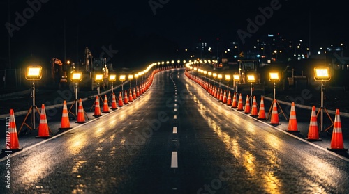 A reflective road at night lined with traffic cones and illuminated by long rows of bright lights.
