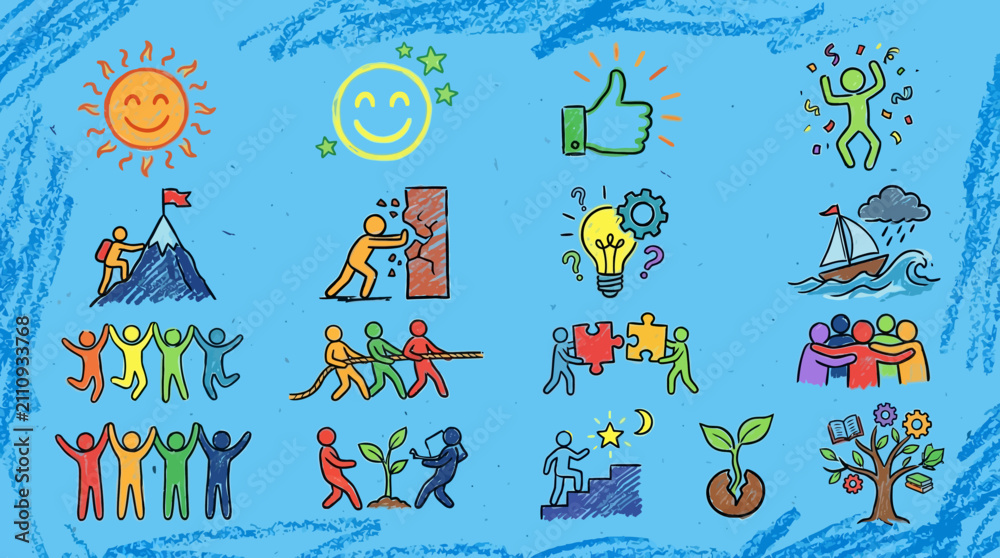 Naklejka premium Hand drawn business growth and teamwork doodle icons