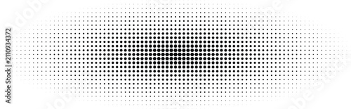 Horizontal oval shape composed of black halftone dots with a gradient density on a white background, for and texture patterns