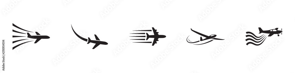 Fototapeta premium Airplane flight speed icon set. Aircraft flying, fast speed trails, glider soaring and propeller plane with smoke lines. Vector illustration.