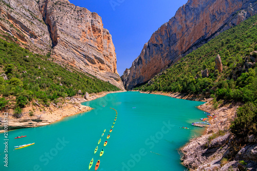 Spectacular view of the Congost de Mont-rebei,  gorge carved by the Noguera Ribagorçana River in the Montsec mountain range, Catalonia, Spain. The famous cliffside hiking trail.