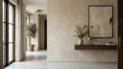 Modern interior design with plants and art.