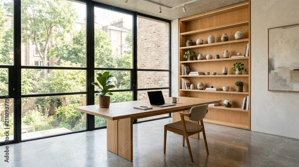 Obraz premium Modern home office with large window, wooden desk, and bookshelf