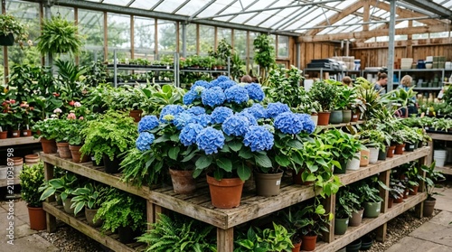A lush display of vibrant blue hydrangea flowers in full bloom surrounded by various potted green plants arranged on wooden shelves inside a bright glass greenhouse nursery with people shopping in