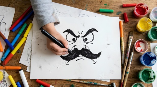Closeup of Child Hand Drawing Angry Cartoon Face with Thick Mustache Using Black Marker on White Paper, Creative Art Activity with Colorful Markers and Paint Supplies on Wooden Table