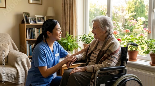 Nurse assisting elderly woman in home.