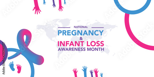 A vector graphic dedicated to National Pregnancy and Infant Loss Awareness Month, featuring the official pink and blue awareness ribbon, baby footprints inside a heart emblem, and bold clean typograph