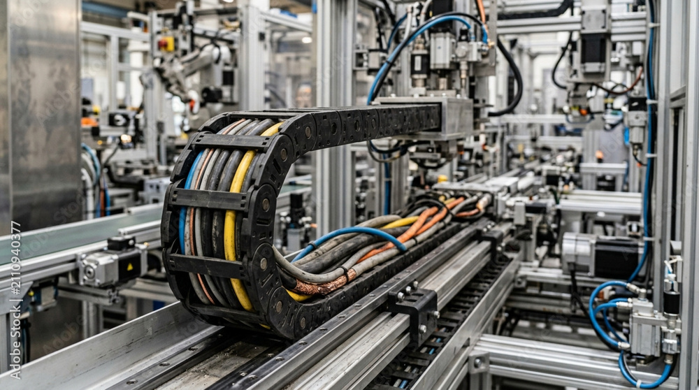 Fototapeta premium Industrial Cable Management System in Automated Factory Production Line