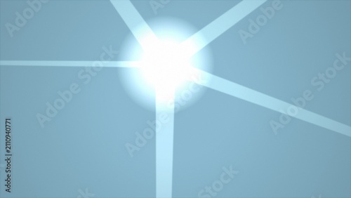 Luminous optical lens flare with bright light rays, ethereal white sunburst on soft blue background, glowing starburst effect for cinematic overlays