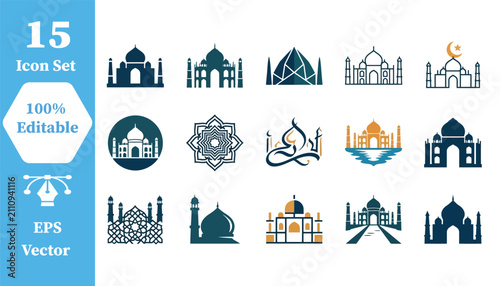 Set of 15 mosque and islamic architecture icons with architecture, building