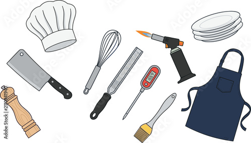 Foto Professional chef tools and kitchen utensils collection featuring apron, chef ha