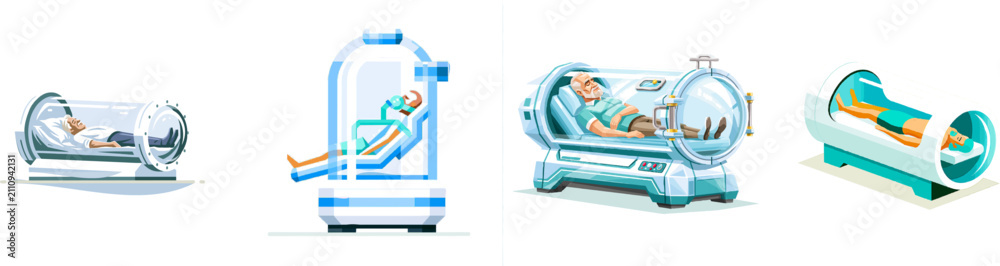 Fototapeta premium A serene elderly individual lies comfortably inside a cylindrical hyperbaric oxygen capsule chamber, surrounded by minimalistic geometric shapes in ice blue, clinical teal, and crisp white tones