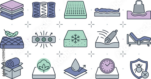 фотографія Mattress and Sleep Comfort Icon Set with Memory Foam Latex Cooling Orthopedic Wa