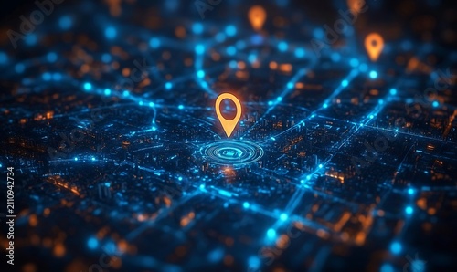 Digital map with glowing points, futuristic navigation system, global network data visualization.