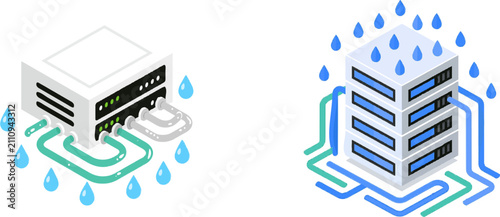 A sleek, modern server rack unit is depicted in an isometric view with cooling pipes and water drops, showcasing a minimalist design aesthetic