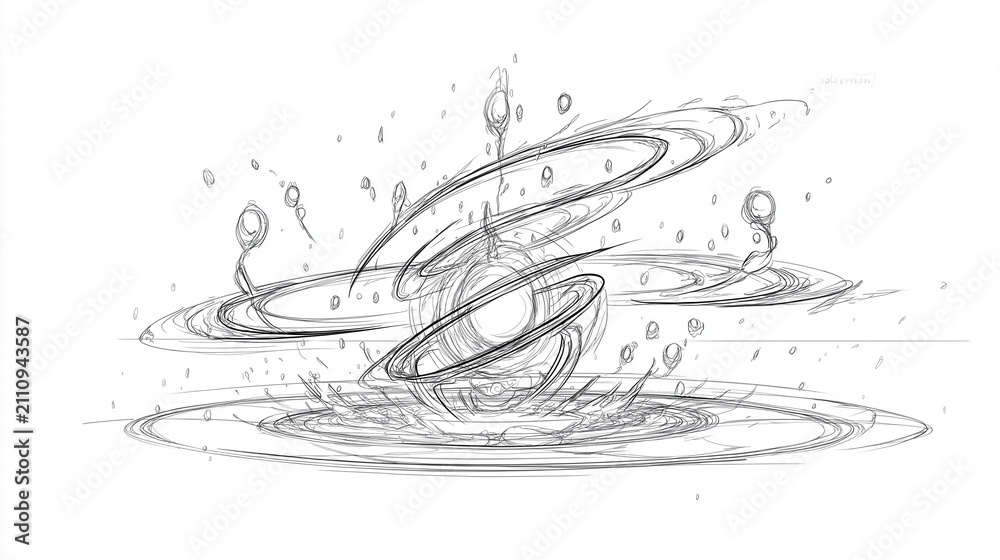 Obraz premium Abstract Water Swirl Splash Sketch in Monochrome Line Art on White Background
