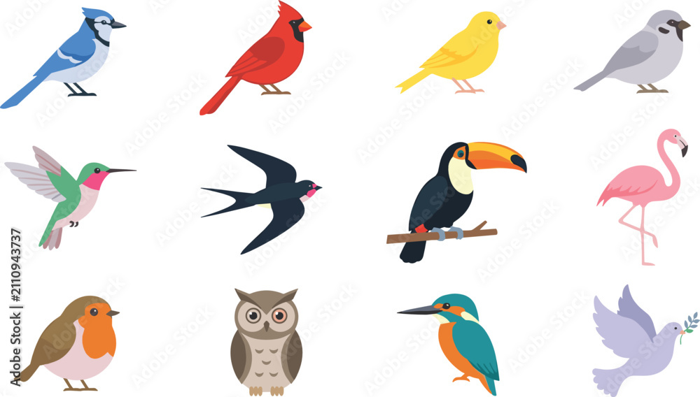 Fototapeta premium Colorful Bird Character Collection Vector Illustration Featuring Various Wild Birds for Nature, Wildlife, Education, and Decorative Designs