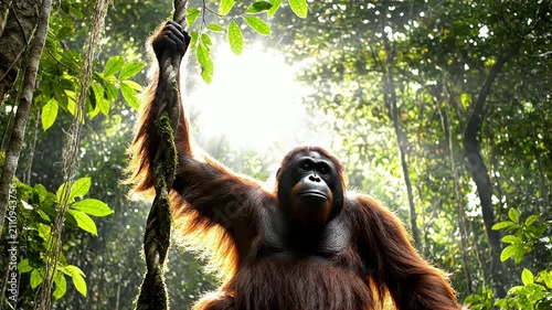 Orangutan Reaches Overhead In Lush Jungle As It Stretches One Long Arm For A Branch With Sunlight Streaming Through The Leaves