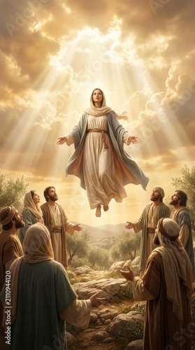 Mary divine ascension: holy assumption, sacred miracle, celestial transition, golden light, pious disciple, watch wonder, heaven beam, elevate woman, biblical scene, grace cloud.