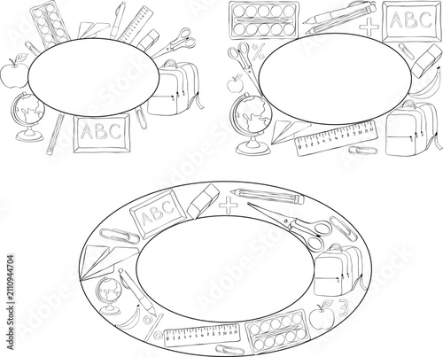 School elementary student tools Black and white frame oval set hand drawn illustration. Vector graphic line ink art template. design for fashion graphics, textile prints, sticker sale promotion