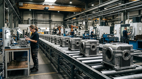 Modern Factory Production Line with Woman Worker and Robotic Arms