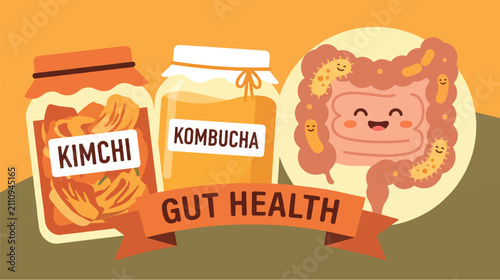Cuadro en lienzo Gut Health Concept with Probiotic Fermented Foods Kimchi Kombucha and Digestive
