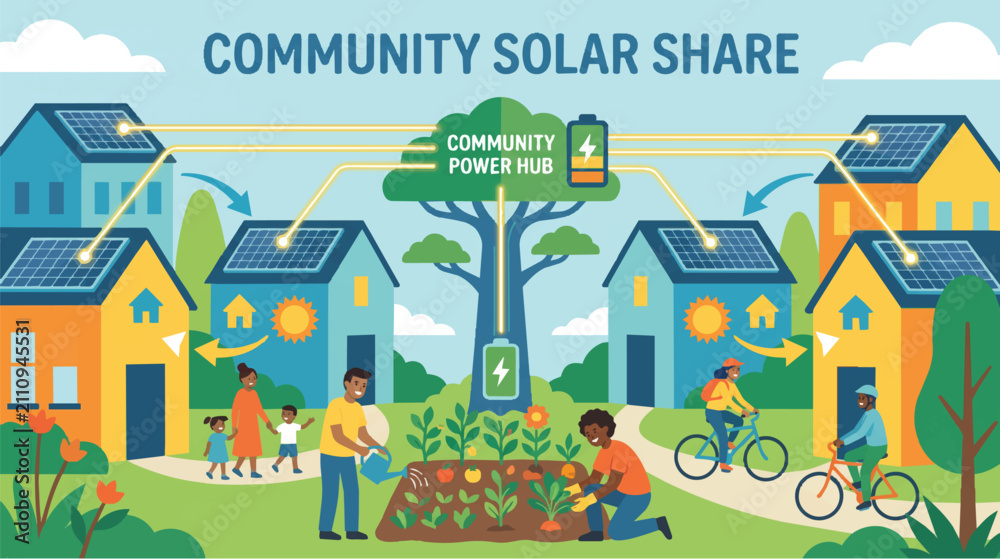 Fototapeta premium Community Solar Share and Power Hub Network with Solar Panels Houses and Eco Gardening