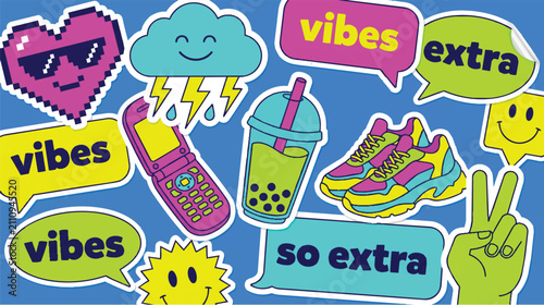 Fotografía Retro Pop Culture Y2K Sticker Set with Flip Phone Boba Tea Chunky Sneakers and S
