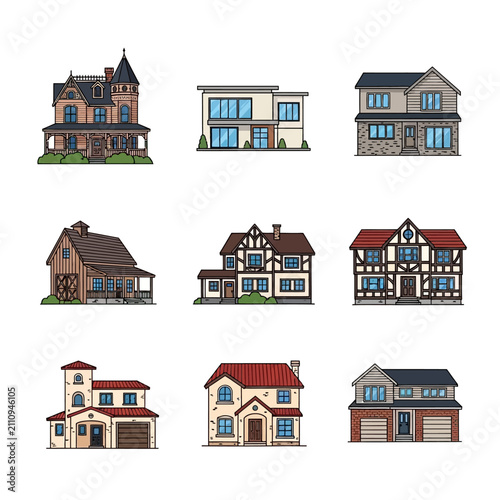 Detailed house exterior and real estate icons set.