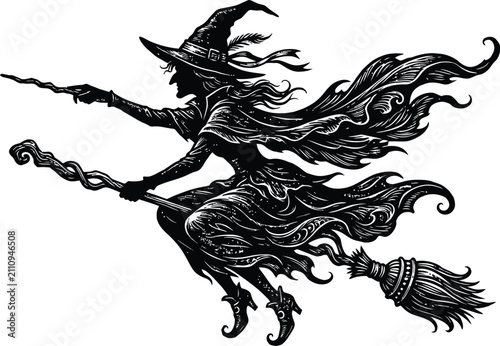 Foto Flying witch on broomstick with magic wand vector silhouette for Halloween desig
