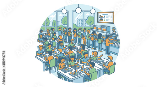 People eating in a busy cafeteria or dining hall scene