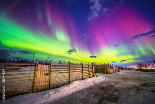 Aurora Borealis above Fences in a reindeer Sami camp