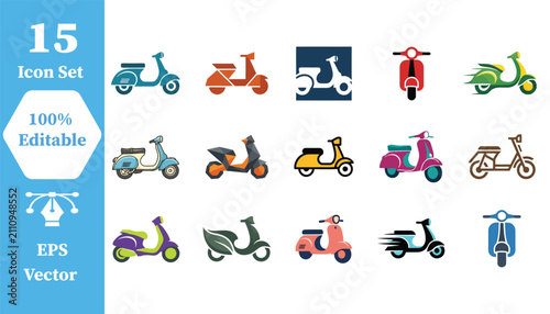 Collection of 15 colorful scooter and moped icons with two wheeler, motorcycle