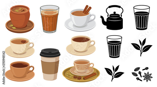 Bild auf Leinwand Set of vector collection featuring different masala chai tea servings, tradition