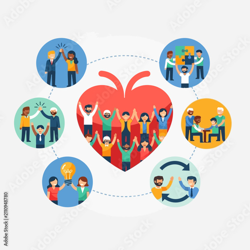 Diverse team collaboration and community engagement icons